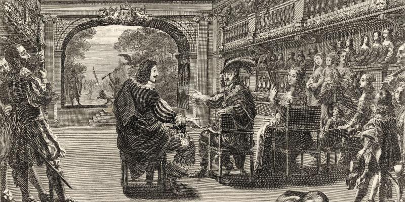 Molière et le théâtre français : Représentation d'une pièce de Molière à la cour de Louis XIV, illustrant l'âge d'or du théâtre français.
